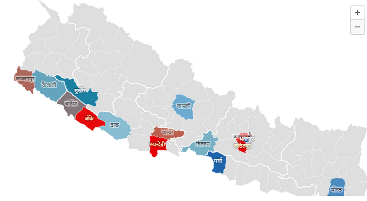 यी हुन् २०० भन्दा बढी कोरोना संक्रमित रहेका १५ जिल्लाहरू, १० जिल्लामा भने ५०० नाघ्यो