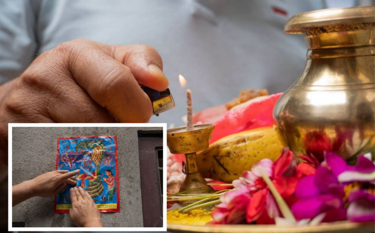 आज नागपञ्चमी, घरको मूलढोकामा नागको तस्वीर टाँसी पूजा गरिँदै